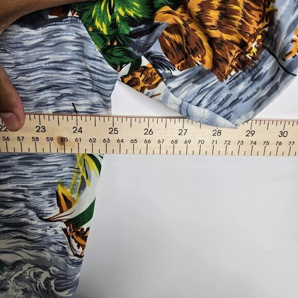 Vtg Roundy Bay Hawaiian Men Shirt L Blue Short Sleeve Button Up Palm Trees Surf - Picture 4 of 5